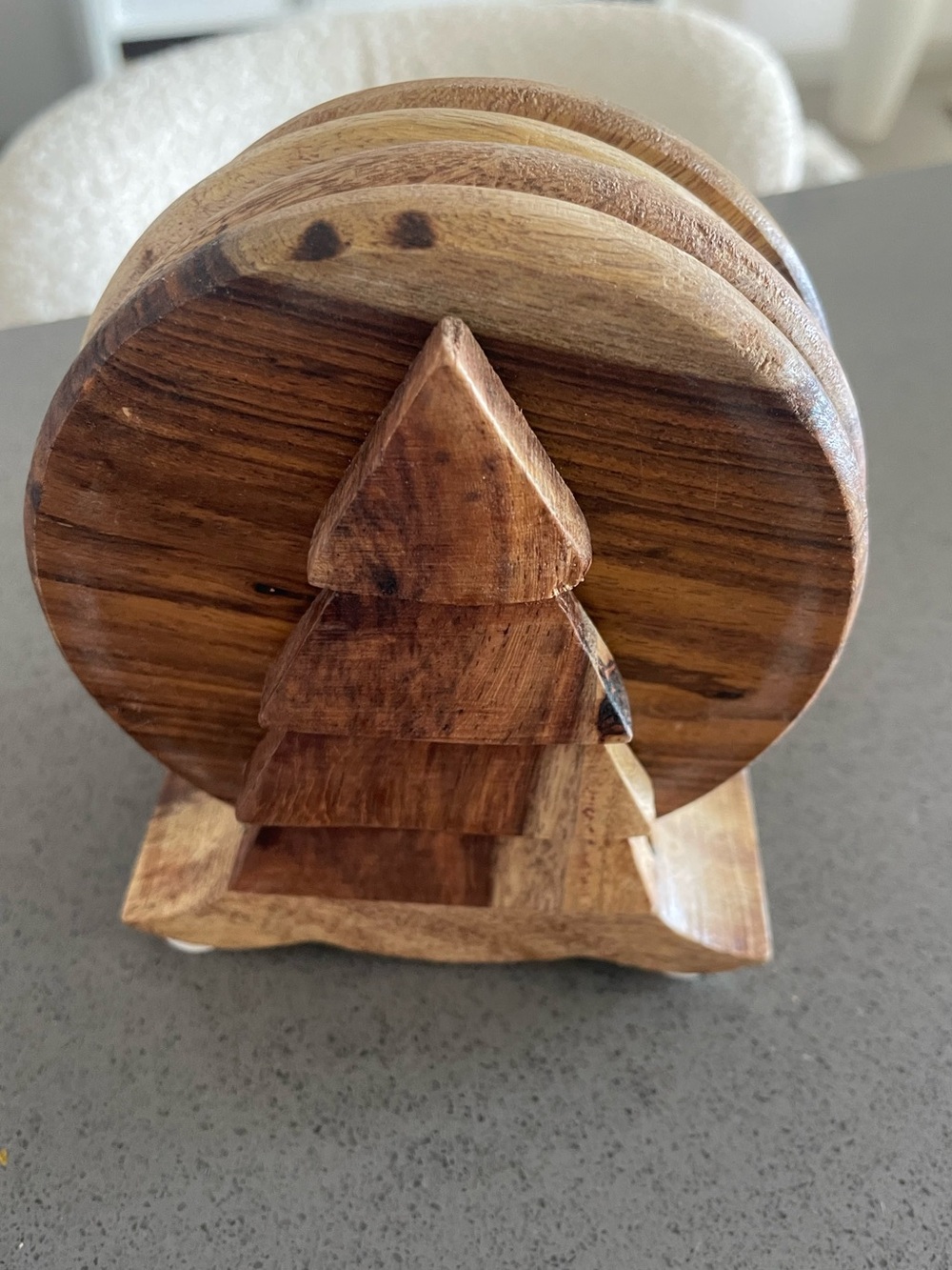 Hand-Carved Wood Tree Coaster Set - Natural Brown